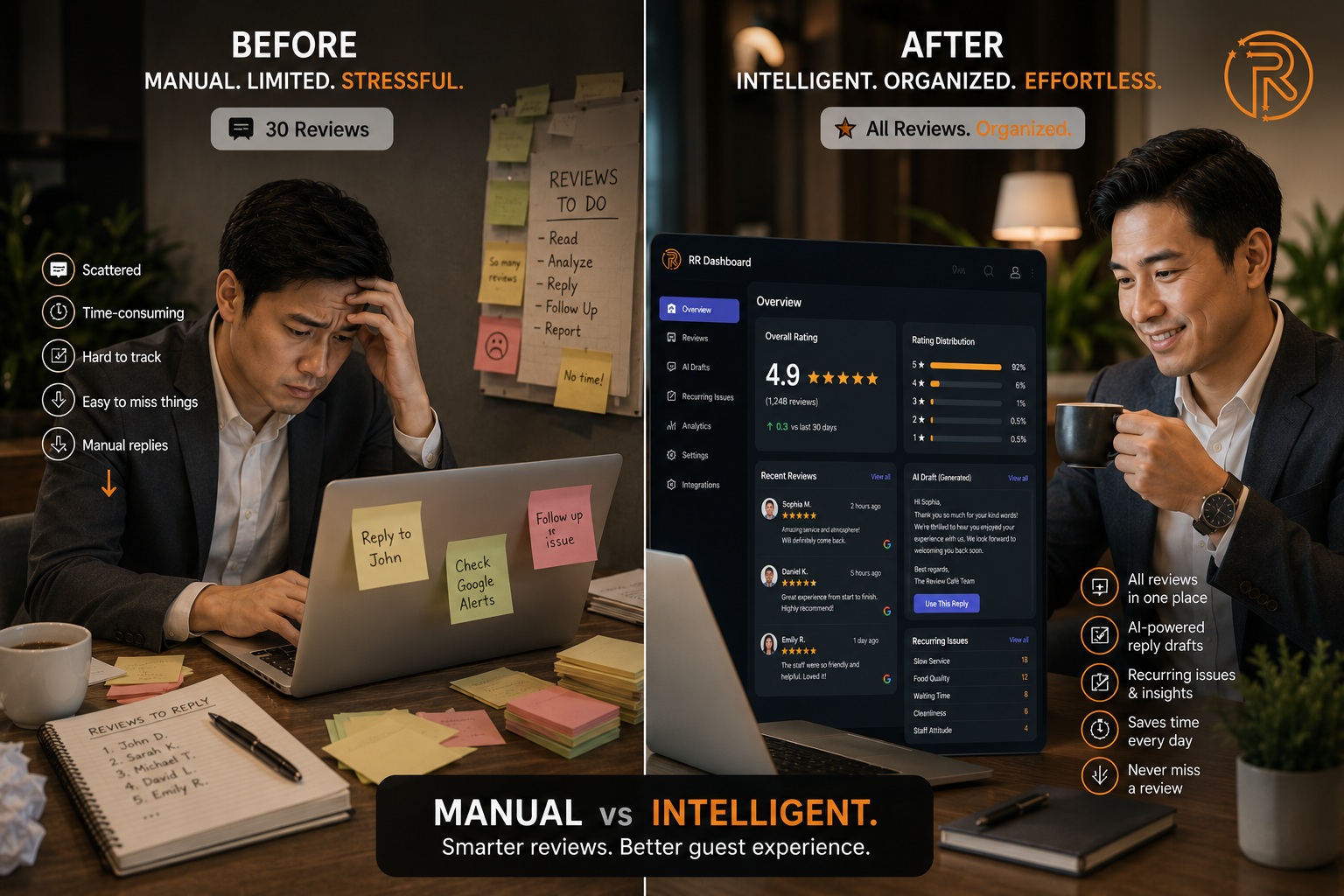 Before and after comparison of manual reputation growth versus an AI review dashboard